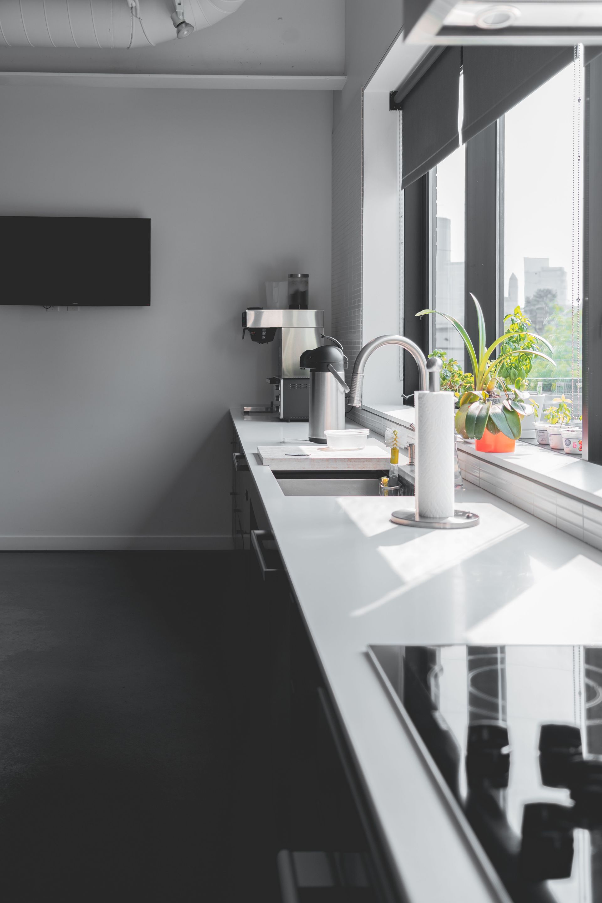 Sleek modern kitchen design featuring a sunlit countertop and large windows for a bright interior.
